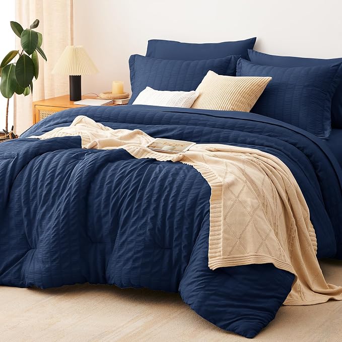 CozyLux Oversized King Comforter Set Navy Blue Seersucker 7 Pieces 120x98 Bed by CozyLux
