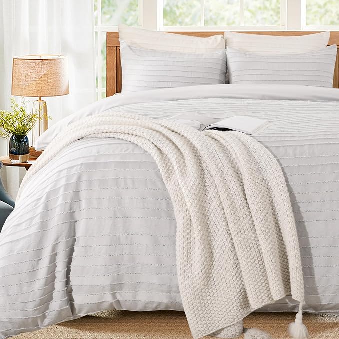 NEXHOME PRO Duvet Cover Queen, Light Grey 3 Pieces Boho Tufted Duvet Cover Set by NEXHOMEPRO
