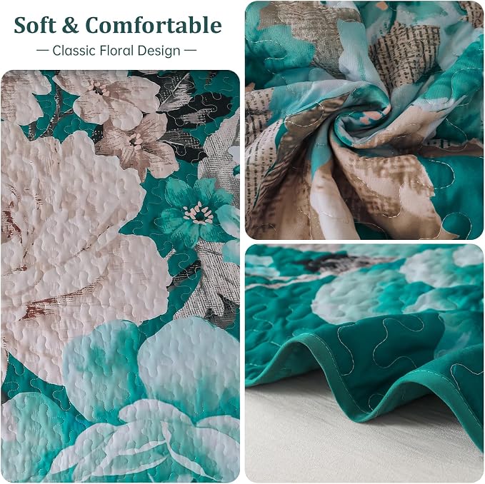 WONGS BEDDING Teal Boho Floral Quilt Set King, 3 Pieces Elegant Flower - Image 5