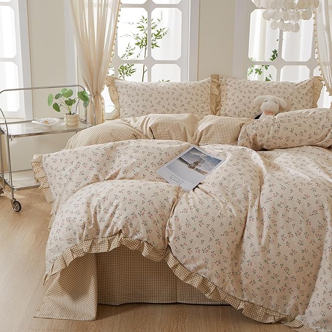 mixinni Beige Floral Duvet Cover Queen Size, 100% Cotton Cute Strawberry Floral by mixinni