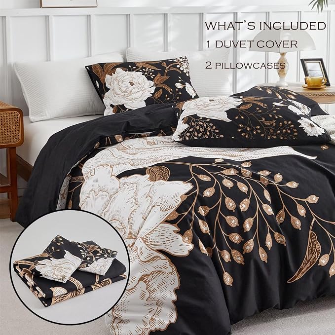 MKXI Gold Floral Black Duvet Cover Twin XL Bedding Set Bold Vintage Style - Image 3