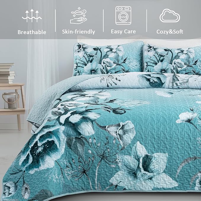 Blue Floral Quilt Set Queen 3 Pieces Boho Flower Quilt Coverlet Set Soft - Image 3