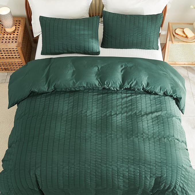 AveLom Dark Green Seersucker Duvet Cover Set King Size, 3 Pieces, Ultra Soft - Image 6