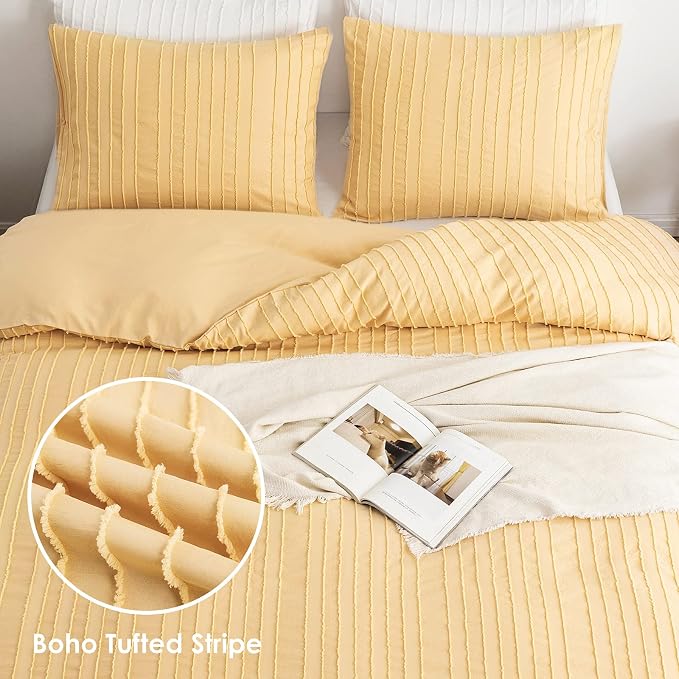WARMDERN Yellow Boho Duvet Cover, Striped Textured Duvet Cover Tufted Bedding - Image 2
