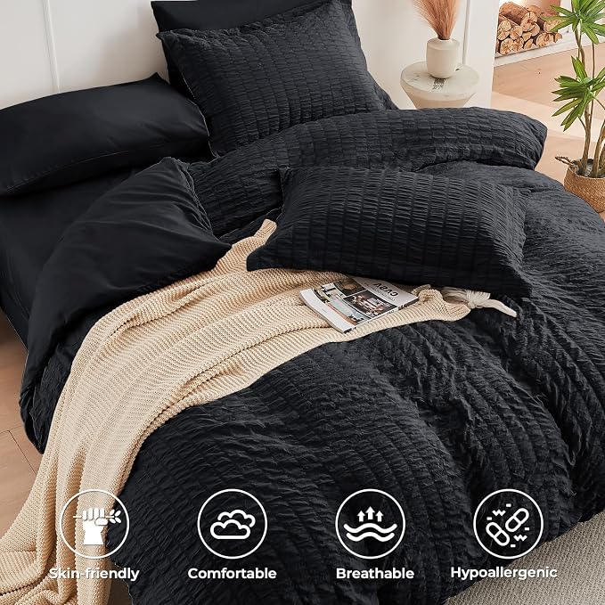 HYMOKEGE Black Full Size Comforter Sets Seersucker 7 Pieces, All Season Luxury - Image 3