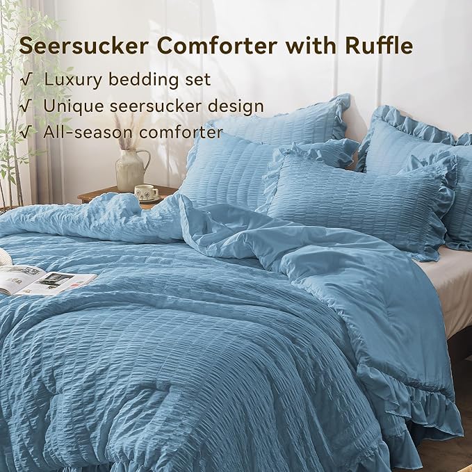 JOLLYVOGUE King Size Comforter Set, 3 Pieces Sea Blue Seersucker Comforters - Image 3