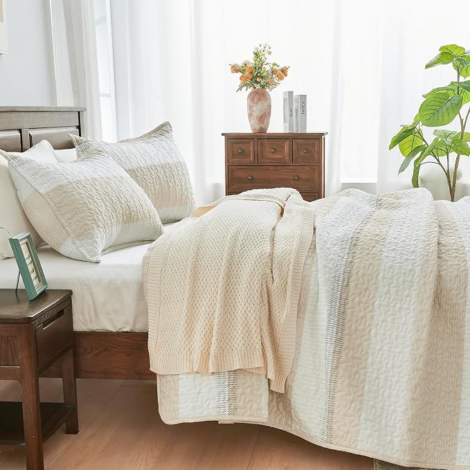 Andency California King Size Quilt Set Beige, 3 Pieces Beige Ultra Soft - Image 2