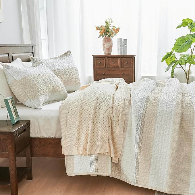 Andency Queen Quilt Bedding Set Beige, 3 Pieces Patchwork Beige Striped Ultra - Image 2