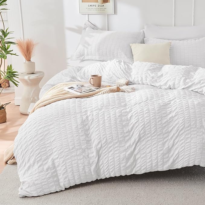 HYMOKEGE White Duvet Cover Queen Size, Ultra Soft 3-Piece Seersucker Duvet by HYMOKEGE
