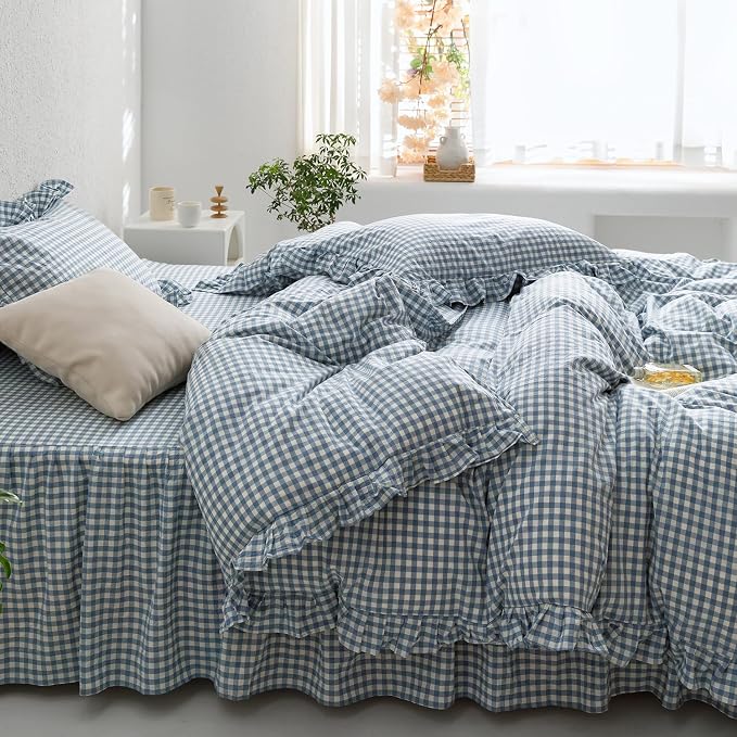 mixinni Blue White Gingham Ruffle Duvet Cover Twin XL Size 3 Pieces – 100% - Image 4