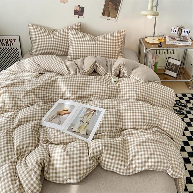Nayoroom Gingham Duvet Cover King Size Brown Tan Plaid Checkered Comforter - Image 2