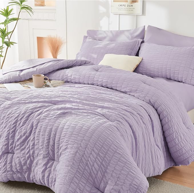 HYMOKEGE Lavender Duvet Cover King Size, Ultra Soft 3-Piece Seersucker Duvet - Image 2