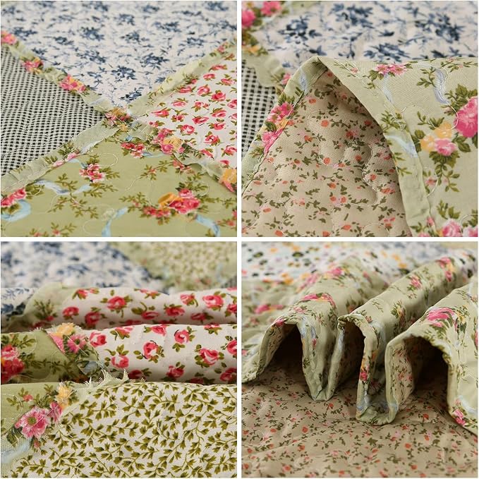 VIVILINEN Green Floral Patchwork Quilt Set 132x120 Alaska King Size Bedding Set - Image 7