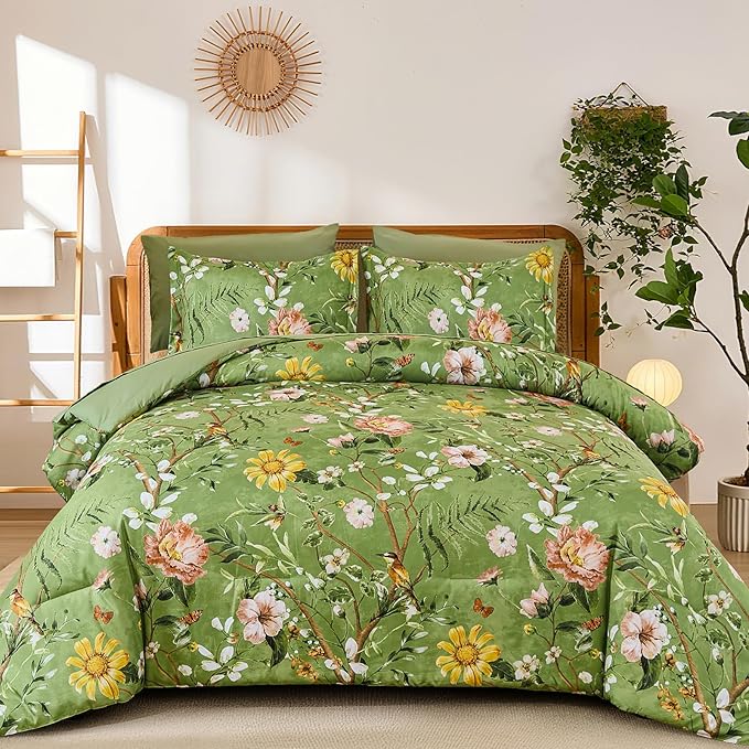 Yiran Sage Green Hibiscus Floral Comforter Set King Size, 7 Piece Bird Flowers by Yiran