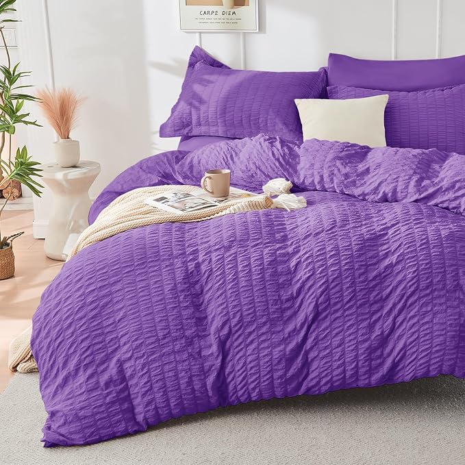 HYMOKEGE Bright Purple Twin Comforter Set Seersucker 5 Pieces, All Season - Image 2