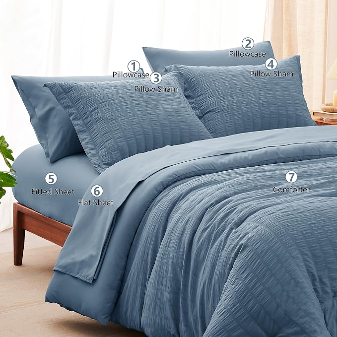 CozyLux Oversized King Comforter Set Grayish Blue Seersucker 7 Pieces 120x98 - Image 8