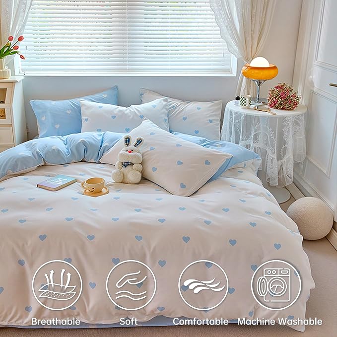 BOLINLIVING Cute Duvet Cover Queen Size, Reversible Light Blue & White Heart - Image 3