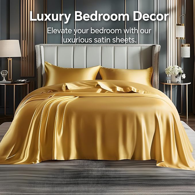 BEDELITE Satin Sheets Twin XL Size Bed Set, Luxury Soft Gold Silky Sheets - Image 2