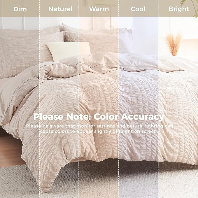 HYMOKEGE Beige Oversized Queen Comforter Set Seersucker 7 Pieces, All Season - Image 2