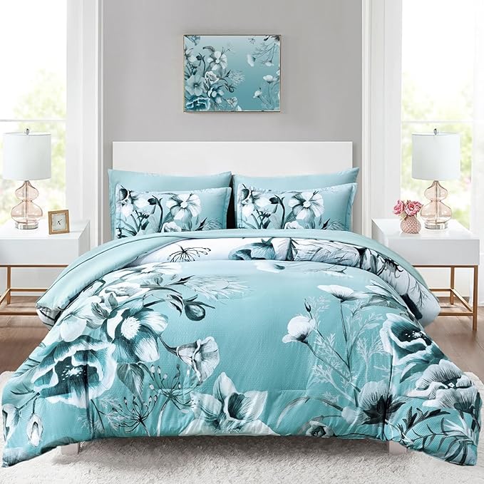 Luxudecor Floral Comforter Set King Size 7 Piece, Aqua Flower Bed in a Bag by Luxudecor