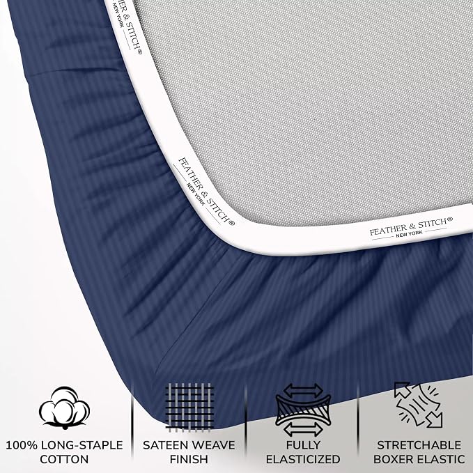 Feather & Stitch 1 Piece Fitted Sheet Queen Size, 100% Cotton Damask Sateen - Image 2