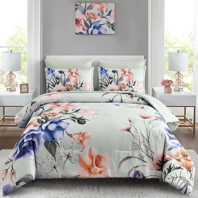Luxudecor Floral Comforter Set Queen Size 7 Piece, Elegant Floral Comforter by Luxudecor