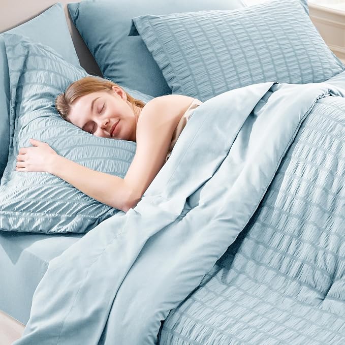 CozyLux King Size Comforter Set Light Blue Seersucker 7 Pieces Bed in a Bag - Image 5