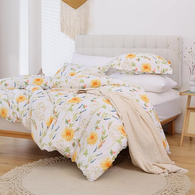 JSD Yellow Floral Duvet Cover Set King Size, 3 Piece Spring Printed Microfiber by JSD