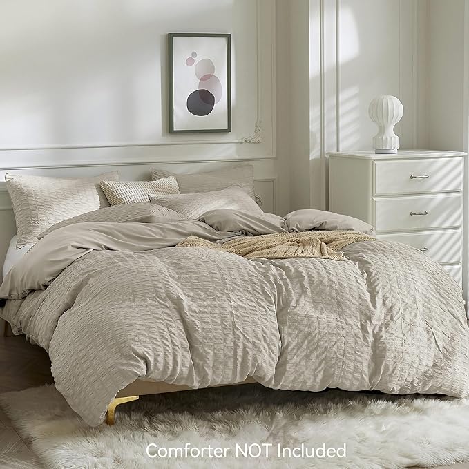JELLYMONI Beige Duvet Cover Twin Size, Soft Breathable Seersucker Duvet Cover - Image 2