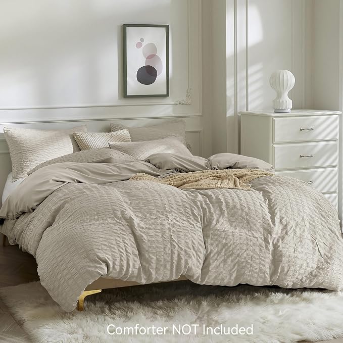 JELLYMONI Beige Duvet Cover King Size, Soft Breathable Seersucker Duvet Cover - Image 2
