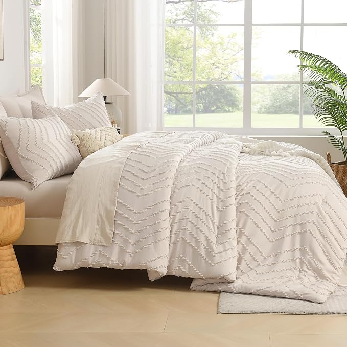Andency Queen Comforter Set Beige, Comforters Queen Size Boho Cream Soft Warm - Image 6