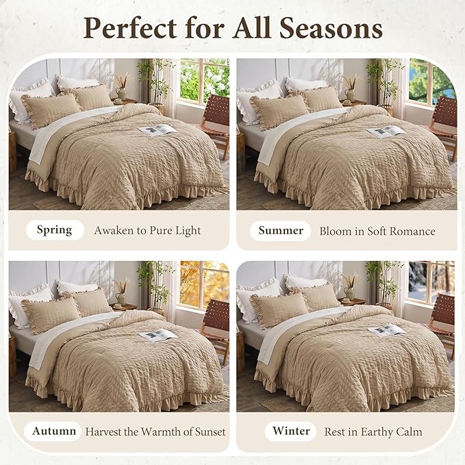 JOLLYVOGUE King Size Comforter Set, 3 Pieces Khaki Seersucker Comforters King - Image 6