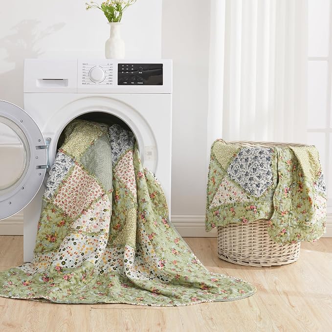 VIVILINEN Full Queen Size Green Patchwork Quilt Set Reversible Quilted - Image 7