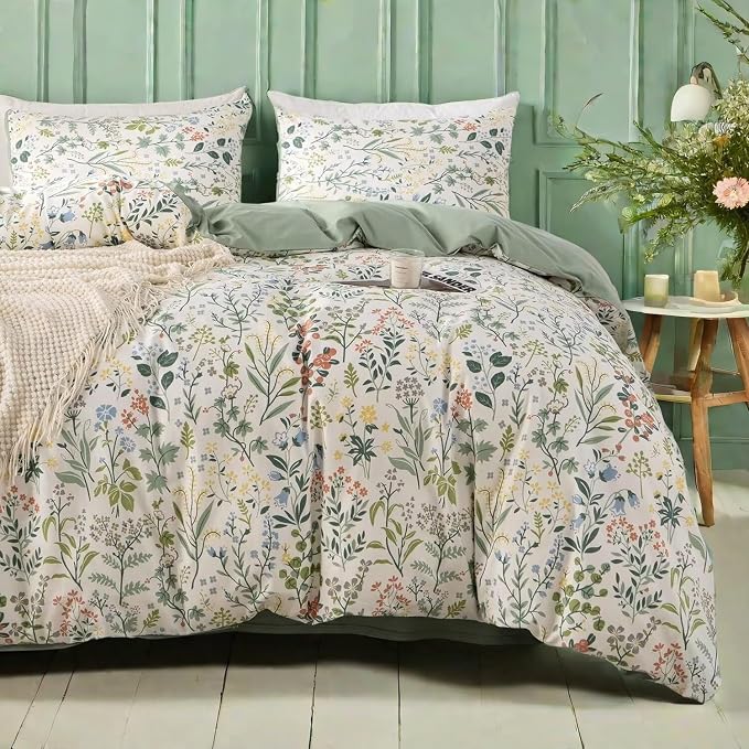 MKXI Twin Size Wildflower Duvet Cover Set Sage Green Spring Floral Bedding by MKXI