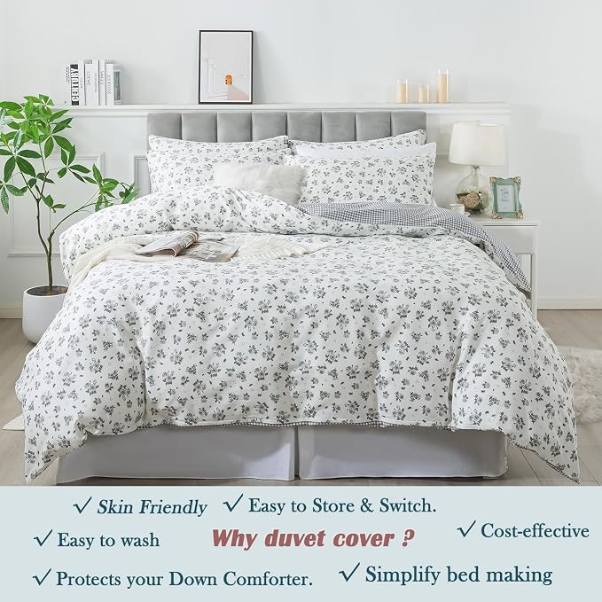 FADFAY Floral Duvet Cover Set King/Cal King Size 100% Cotton Grey White Flower - Image 6