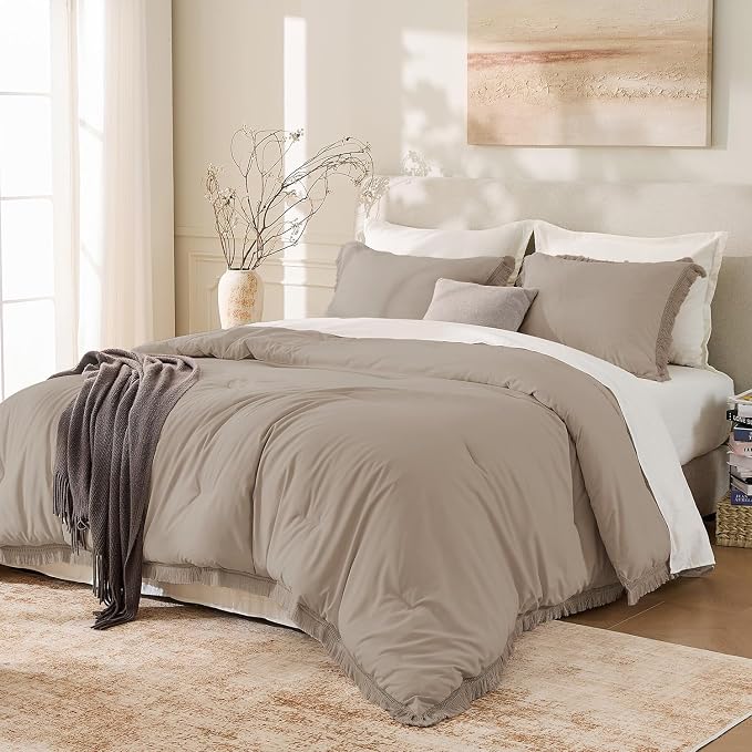 Andency King Size Comforter Set Khaki, 3 Pieces Boho Soft Lightweight Bedding - Image 2