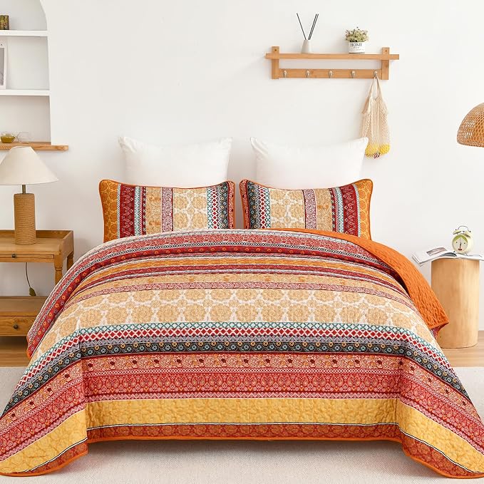 WONGS BEDDING Boho Stripe Quilt Set Queen Size, 3 Pieces Orange Bohemian Quilt by WONGSBEDDING