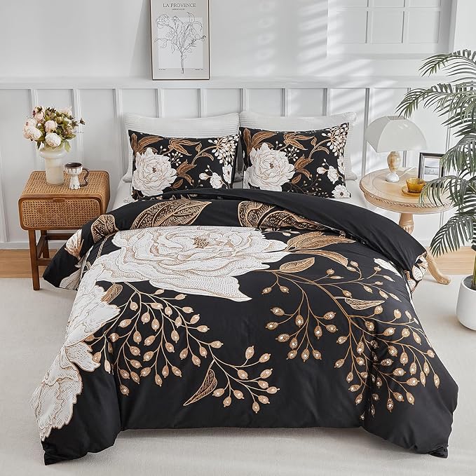 mixinni Floral Duvet Cover Queen Size, 3 Pieces White Flowers and Gold Leaves - Image 7