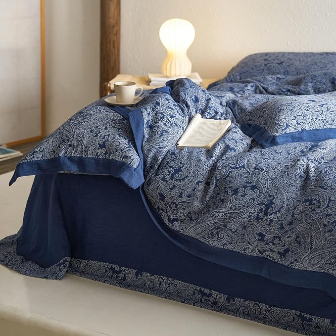 mixinni Muslin Cotton Vintage Navy Blue Paisley Floral Duvet Cover Queen Size - Image 4