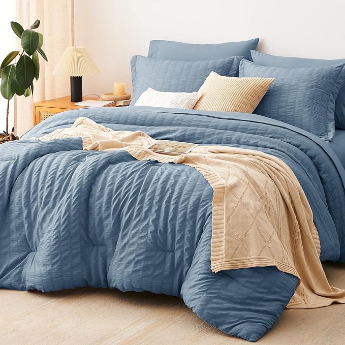 CozyLux Oversized Queen Comforter Set Grayish Blue Seersucker 7 Pieces 98x98 by CozyLux