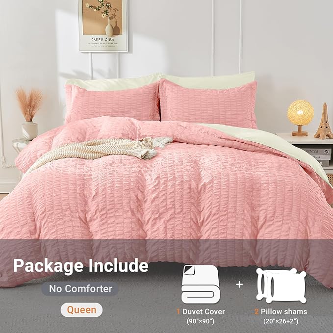 HYMOKEGE Pink/Ivory Duvet Cover King Size, Ultra Soft 3-Piece Seersucker Duvet - Image 4