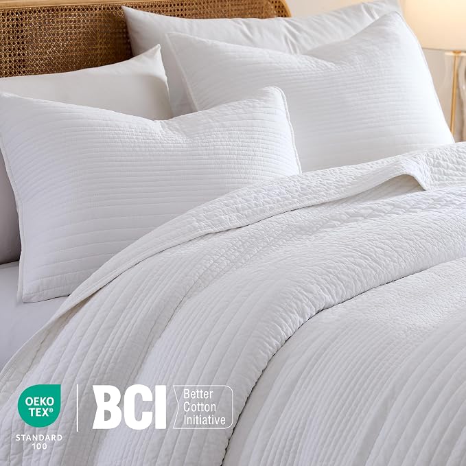 palassio Striped White 100% Cotton Quilt Queen Size Bedding Sets, Lightweight - Image 3