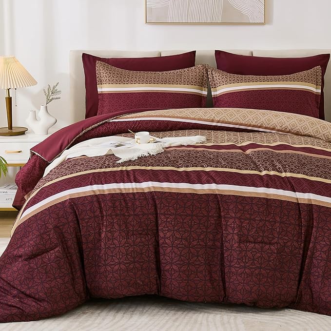 WONGS BEDDING Burgundy Comforter Set Queen Size, 7 Pieces Maroon Striped Bed in by WONGSBEDDING