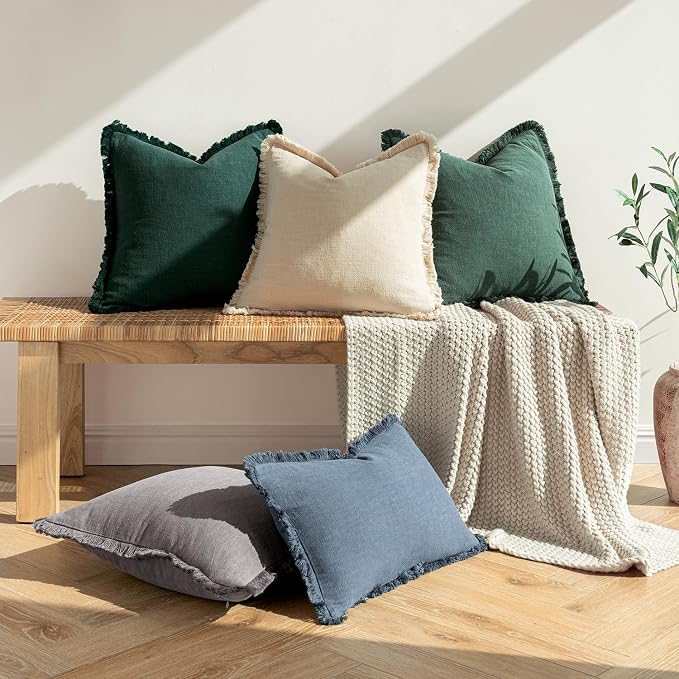 MIULEE Decorative Throw Pillow Covers Neutral Linen Fringe Throw Pillows Set of - Image 5