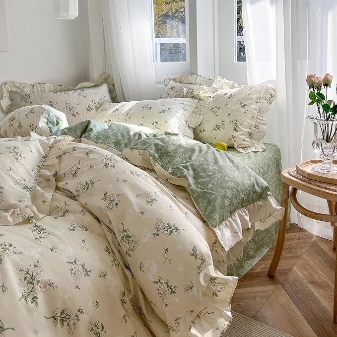 mixinni Reversible Sage Green Floral Duvet Cover Set Twin Size - Image 2