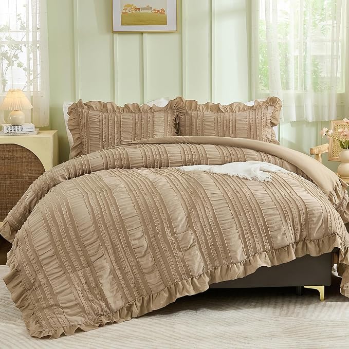 WONGS BEDDING Khaki Comforter Set Queen, 3 Pieces Ruffle Farmhouse Shabby Chic by WONGSBEDDING