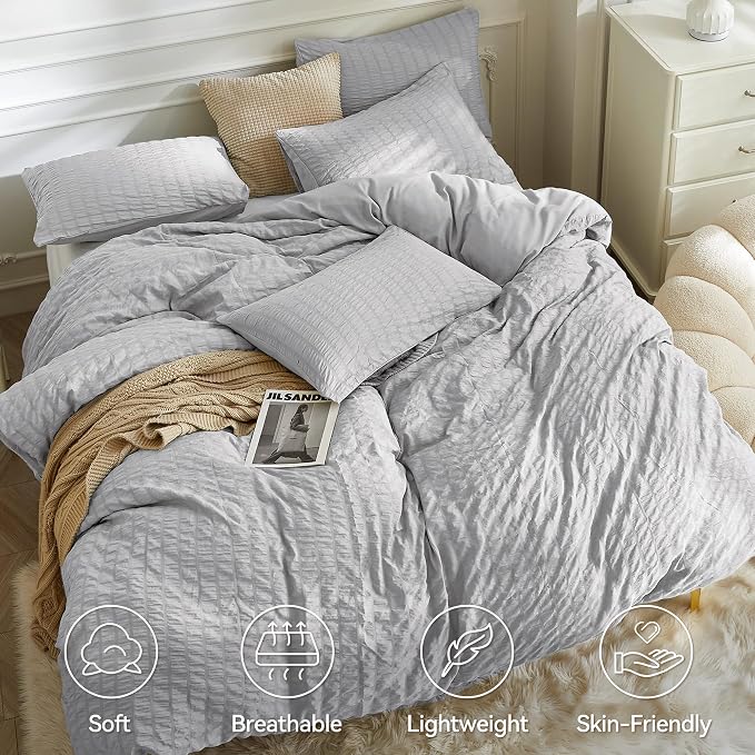 JELLYMONI Light Grey Duvet Cover King Size, Soft Breathable Seersucker Duvet - Image 2