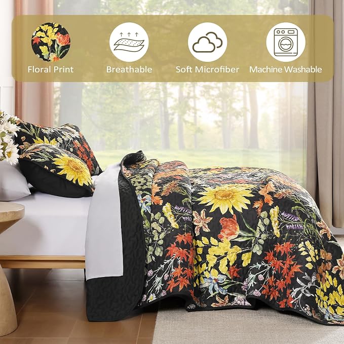 Yiran Black Yellow Full Size Quilt, Floral Bedspreads Bedding Set, 3 Pieces - Image 6