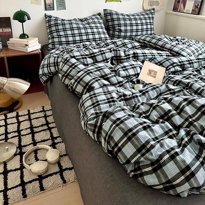 mixinni Vintage Grey & Pale Blue Buffalo Plaid Duvet Cover Set Twin Size - Image 9