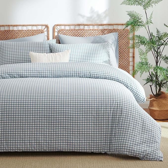 Nayoroom Gingham Duvet Cover Queen Size 100% Washed Cotton Blue Plaid Checkered - Image 8